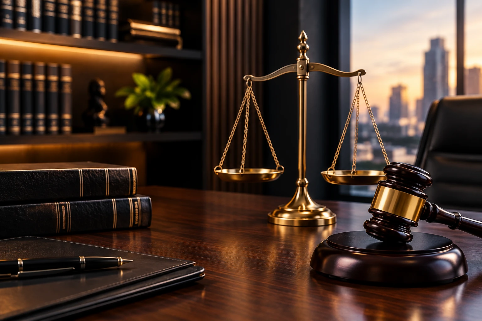 Escritório de advocacia com estante de livros jurídicos, balança da justiça e martelo sobre a mesa