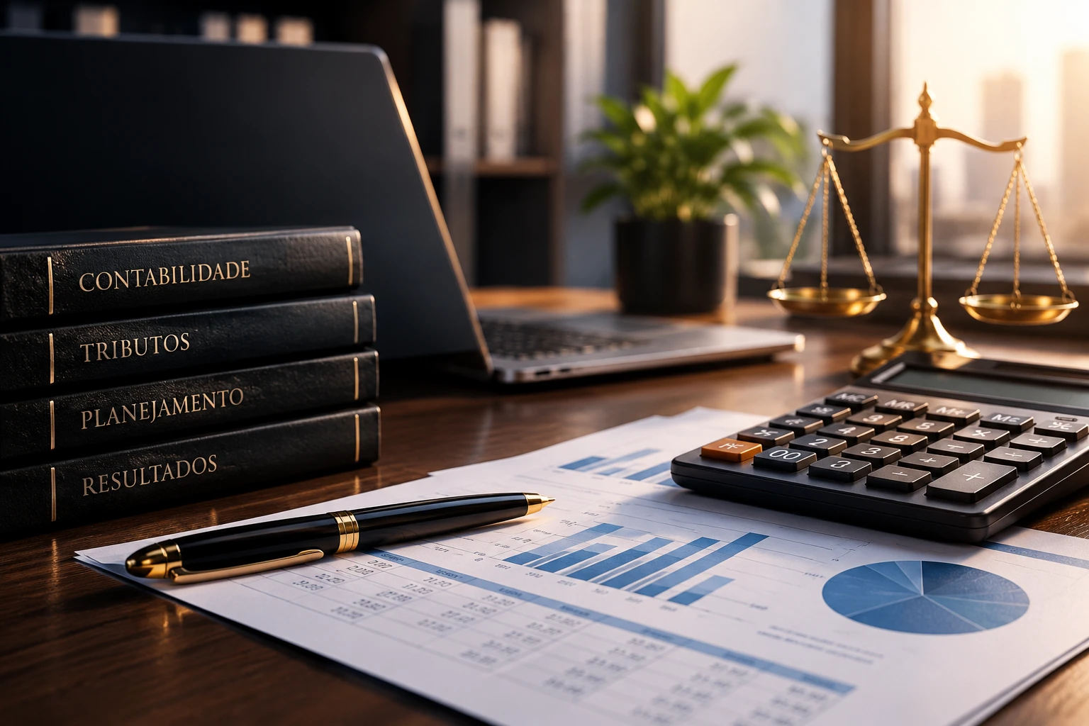 Mesa de escritório de contabilidade com livros, calculadora, notebook e relatórios financeiros
