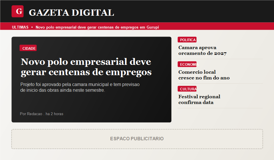 Portal de notícias com matéria em destaque e espaço publicitário