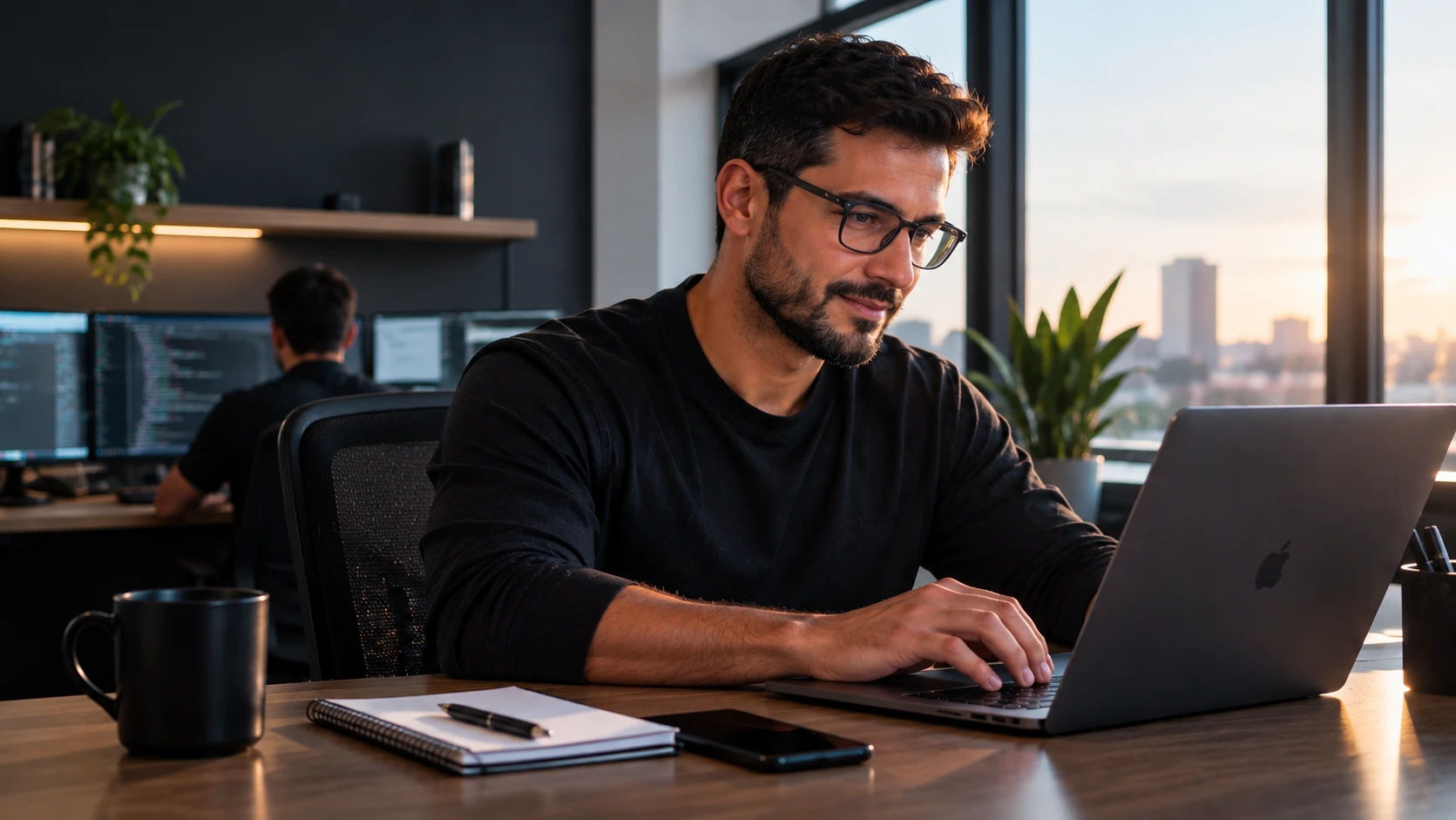 Profissional de tecnologia trabalhando em um notebook em um escritório moderno